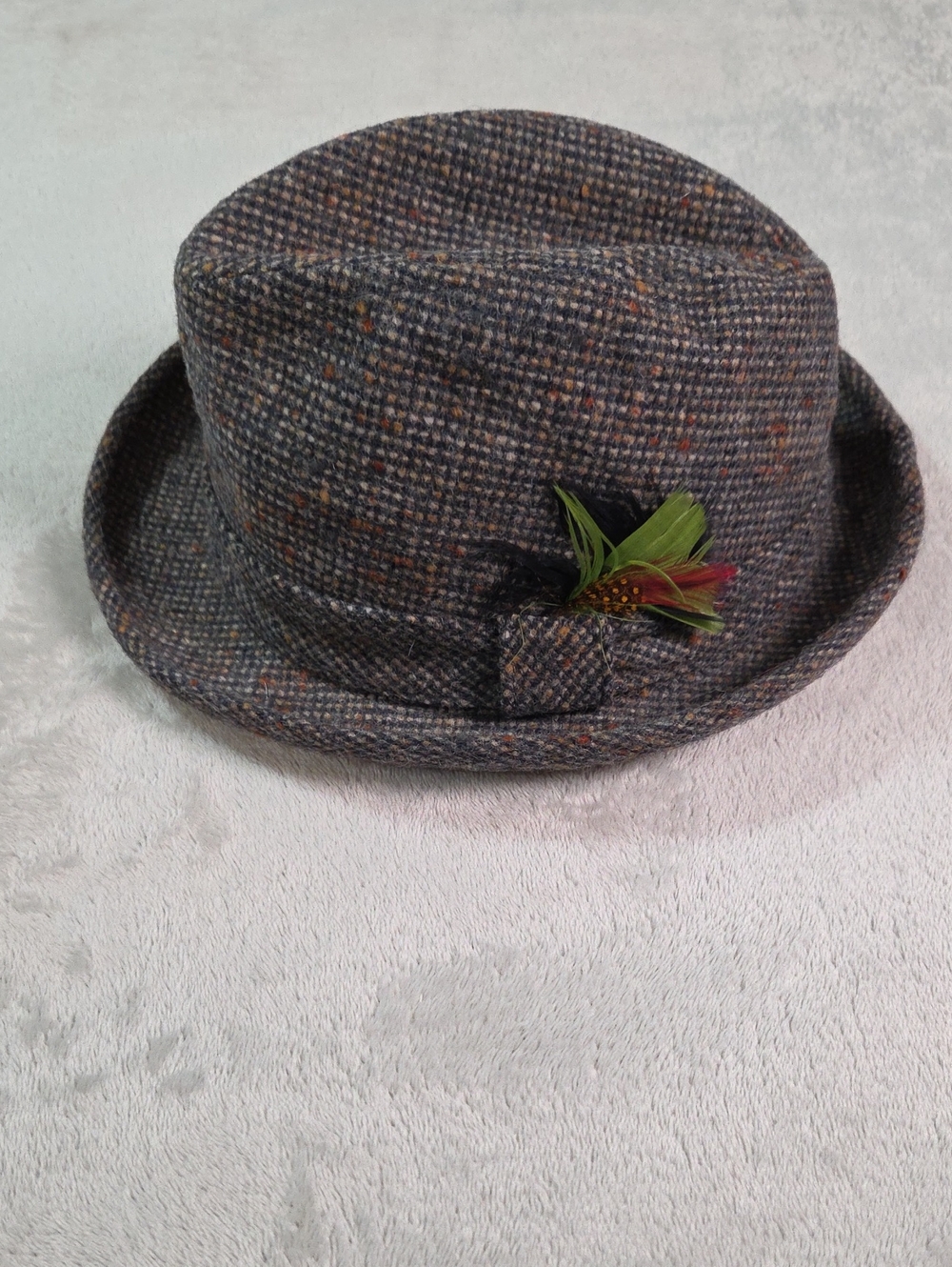 Vintage Bee Hats Tweed Fedora Hat Gray Wool Size 7 Excellent Condition